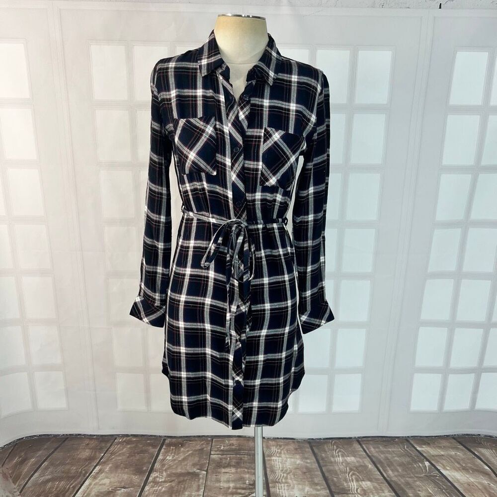 Rails Multicolor Plaid Tie Belt Button Front Rayon Long Sleeve Shirt Dress XS